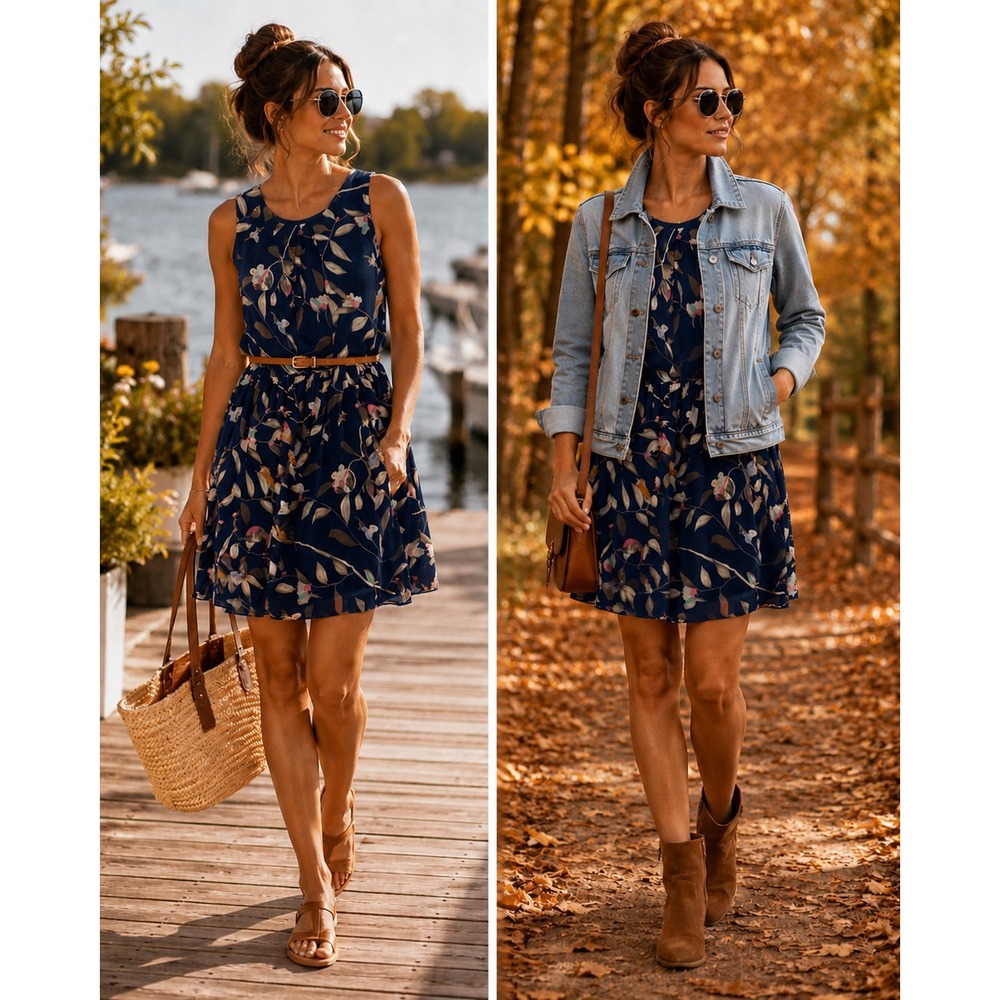 Tenki Mini Dress Bird Leaf Print Navy Blue Sleeveless Pleated Sz M